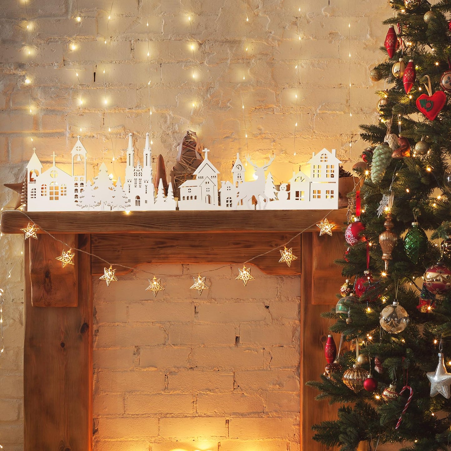 Colingmill 32 Inch Christmas Tabletop Decoration Wooden Christmas Themed White Church Xmas Tree and Elk Signs Farmhouse Centerpiece Decor for Home Kitchen Table Shelf Decor