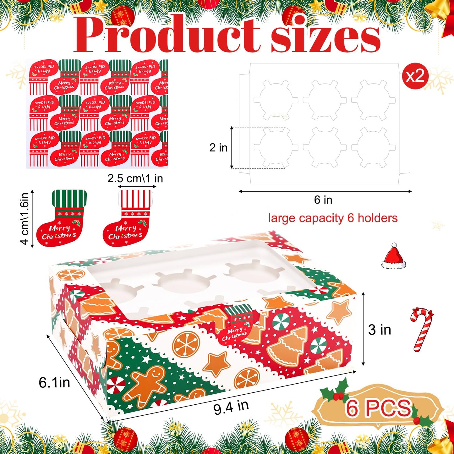Widecook 30 Pack Christmas Cupcake Boxes 6 Count 9.5"x6.1"x3" Gingerbread Cookie Containers Carrier with Insert Trays Window and Stickers for Cup Cake Bakery Pastry Candy Packaging Holiday Party