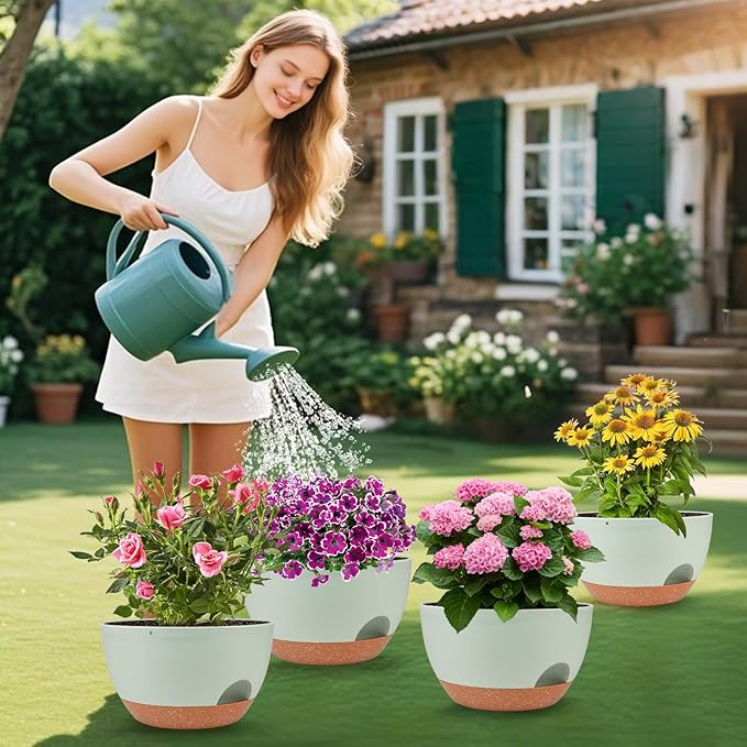 Plant Pots 12inch Self Watering Pots, Set of 2 Plastic Planters with Drainage Holes and Saucers, Flower Pots for Indoor Outdoor Plants (Green)
