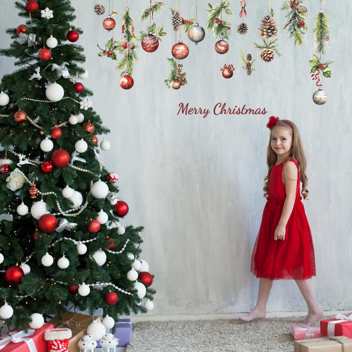 MeyRolizn Merry Christmas Light Ball Pinecone Wall Decals, Peel and Stick Christmas Window Clings, Decorations Wall Stickers for Room Kitchen Bathroom Party Holiday Decoration (Red)