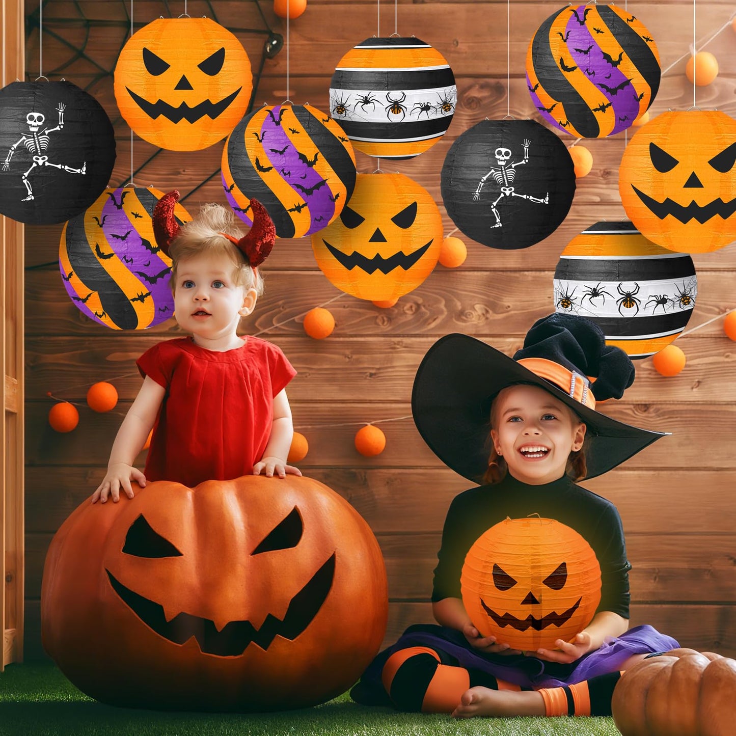 Halloween Paper Lanterns, 12 PCS Halloween Hanging Paper Lanterns, Orange Black Purple Spider Skeleton Bat Lanterns for Halloween Party Decorations Indoor Outdoor Spooky Home Decor