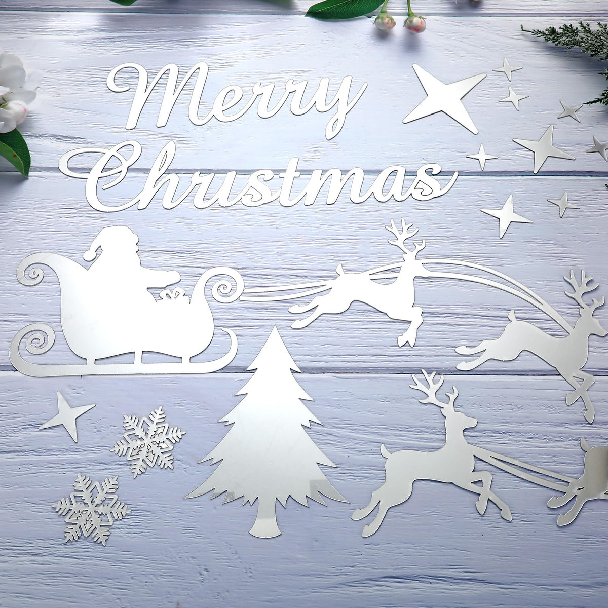 Christmas Mirror Decals Stickers Merry Christmas Santa Claus Reindeer Snowflakes Window Mirror Clings Xmas Acrylic Wall Art Decals Decor for DIY Holiday Winter Party Home Window Decor
