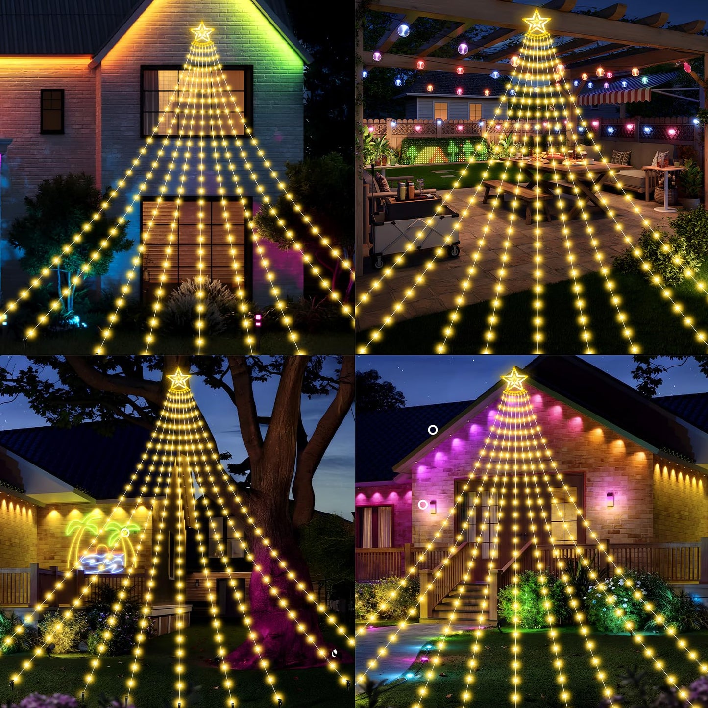 Solar Christmas Decorations Tree Lights Outdoor, 18.37ft 532LED Waterfall String Lights with 8 Modes Timer Remote Xmas Lights USB Powered for Garden Yard Patio Home Holiday Party Decor, Warm White
