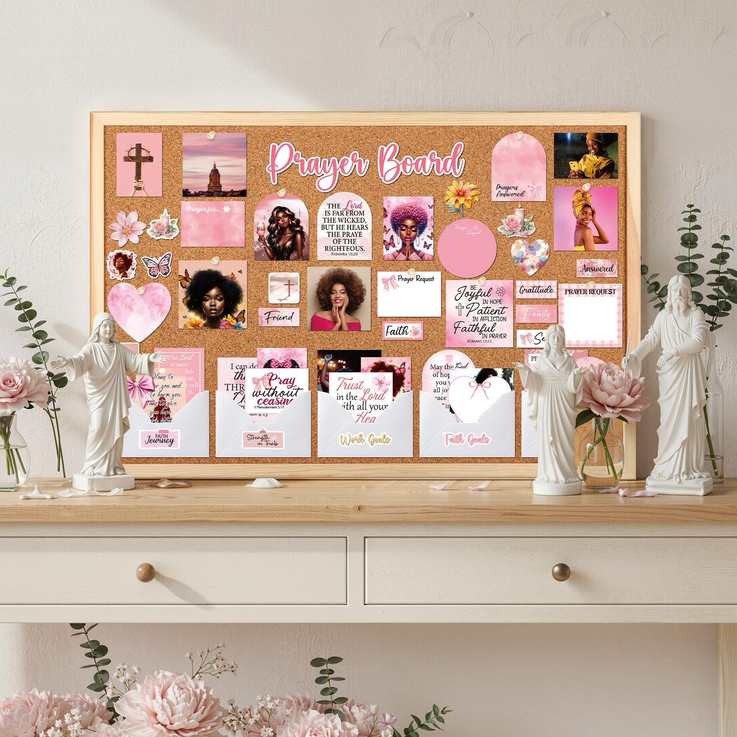 Black Women Prayer Board Kit - Vemfare 162 Pcs Prayer Board Stickers Supplies with Pins Envelope Bible Verse Quotes Cards, Pink Scrapbook Stickers, Bible Study Supplies for Women (Not Cork Board)
