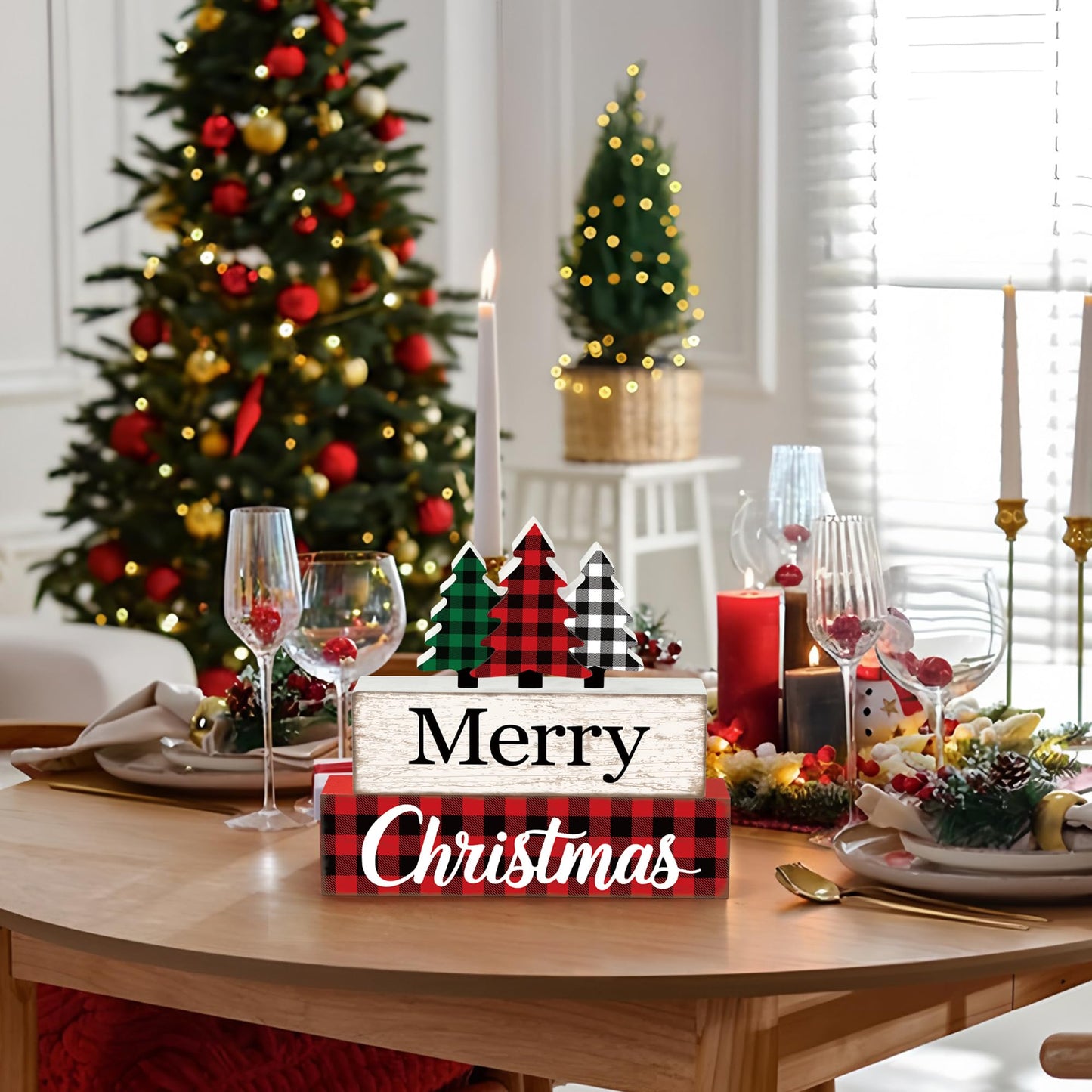 3 Pcs Merry Christmas Table Wooden Decor Christmas Tree Wood Block Sign Xmas Buffalo Plaid Tabletop Centerpiece Xmas Rustic Tiered Tray Decor for Winter Farmhouse Home Kitchen Office Shelf Decoration