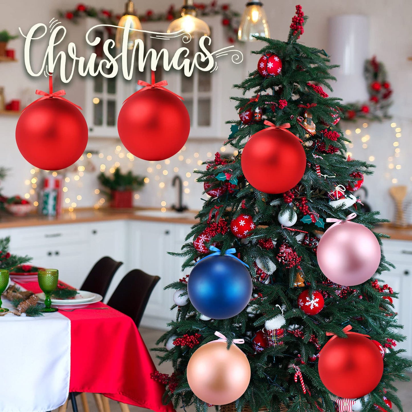 Weysat 2 Pcs 8 Inch Extra Large Fillable Christmas Ball Ornaments Giant Matte Red Plastic Christmas Tree Ornaments Balls with Hanging Ribbons for Outside Lawn Yard Tree Decorations