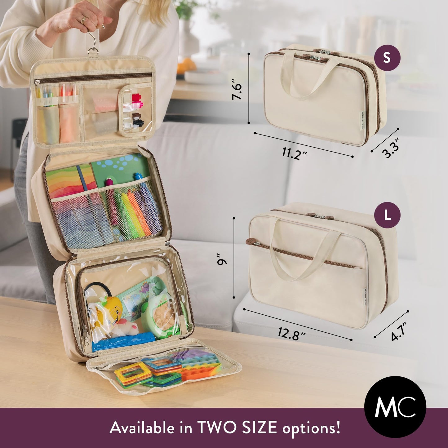 Kids Travel Organizer – Multi-Compartment, Water-Resistant Hanging Bag for Toys, Snacks, & Activities - Compact, Lightweight Design with Hook & Carry Handle - Perfect for Travel Use (Beige, Large)
