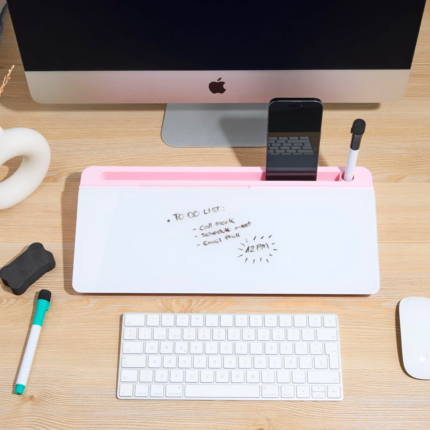 GAROOD Desktop Dry Erase Board with Storage (Pink Base) Desk White Board Desk Board Glass Desktop White Board with Stand Home Office Organizer Phone Holder 15.8X7X2 inches