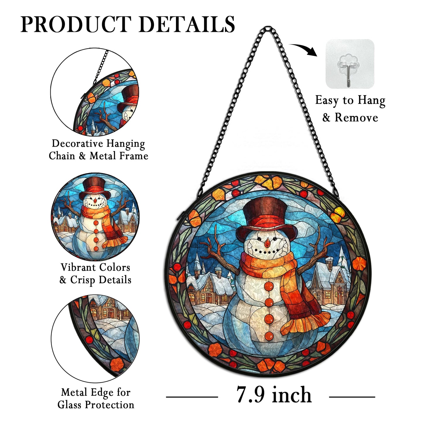 cvjutf Christmas Snowman Suncatcher Stained Glass Window Hanging Decor, Winter Snowman Stained Glass Wall Decor, Christmas Garden Sun Catchers Indoor Window Hanging Wall Art, 7.9x7.9In