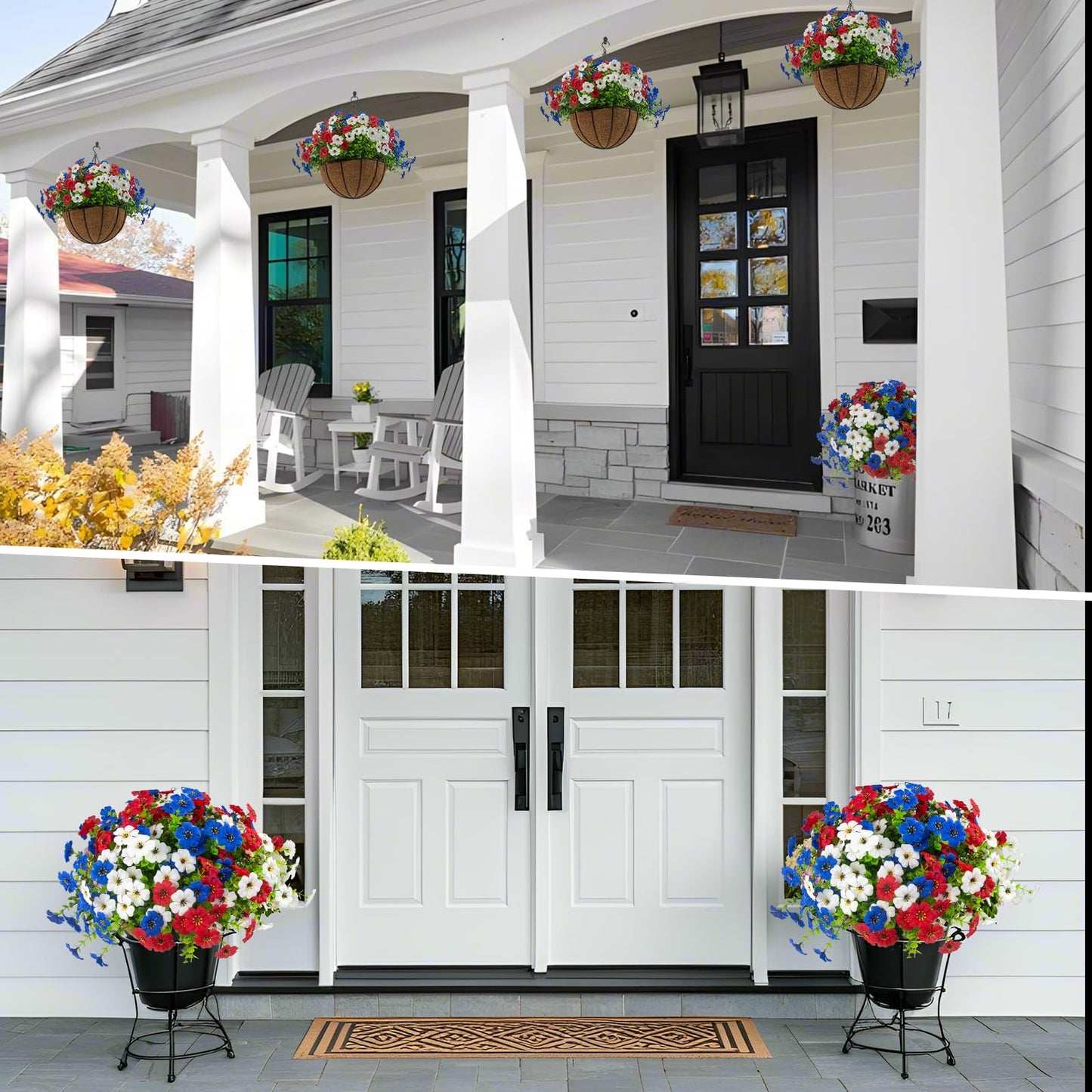 Hananona 2 Set Artificial Outdoor Flowers with Hanging Basket, 2 Hanging Planters with 24 Pcs Patriotic Flowers for Summer Front Porch Patio 4th of July Decor (Red, White, Blue)