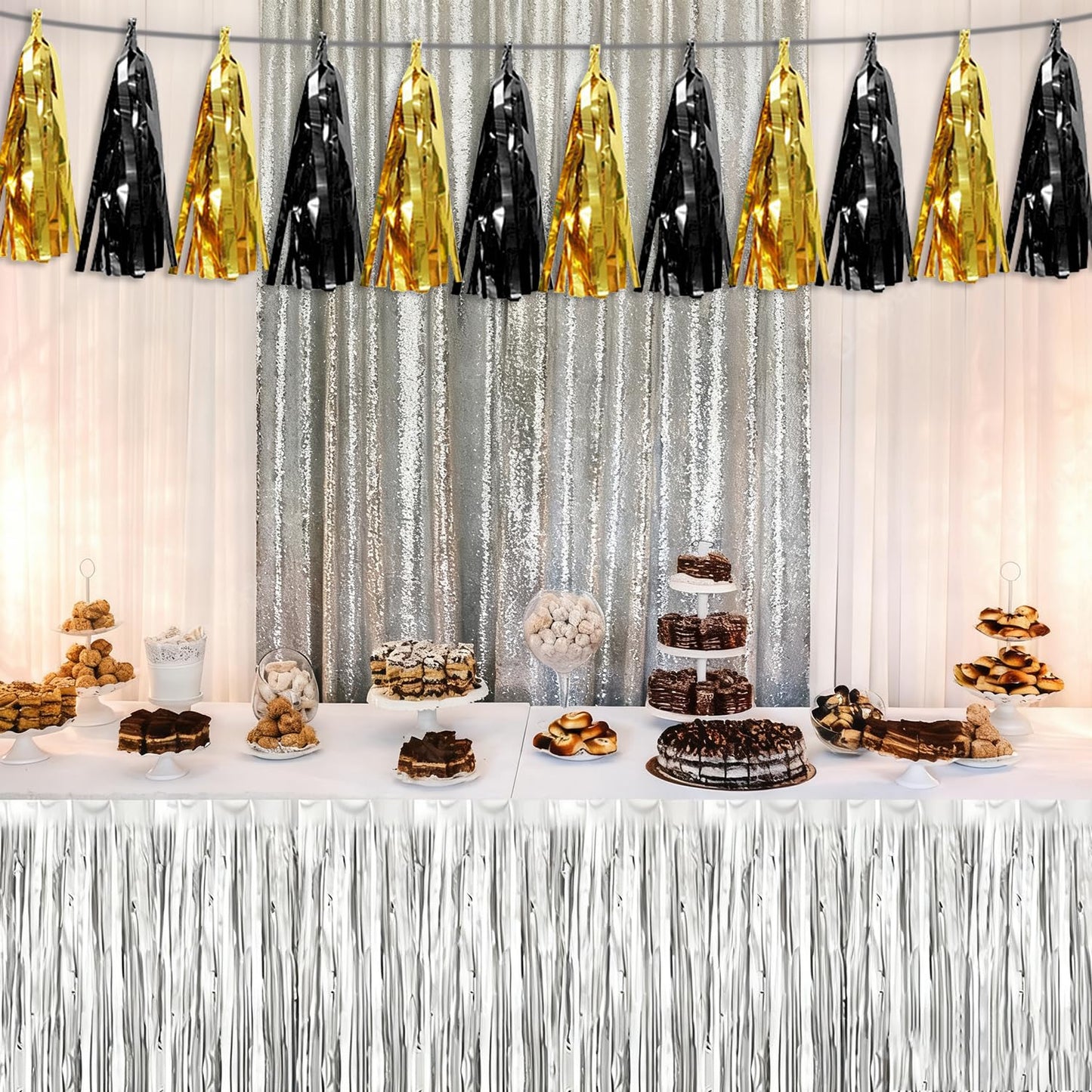 4P Black Gold Tassel Banner Garland Metallic Foil Fringe Banner Tinsel Tassels Streamer Banner Backdrop for Parade Floats, 2025 Graduation Decorations, Father's Day,New Years Party Decoration
