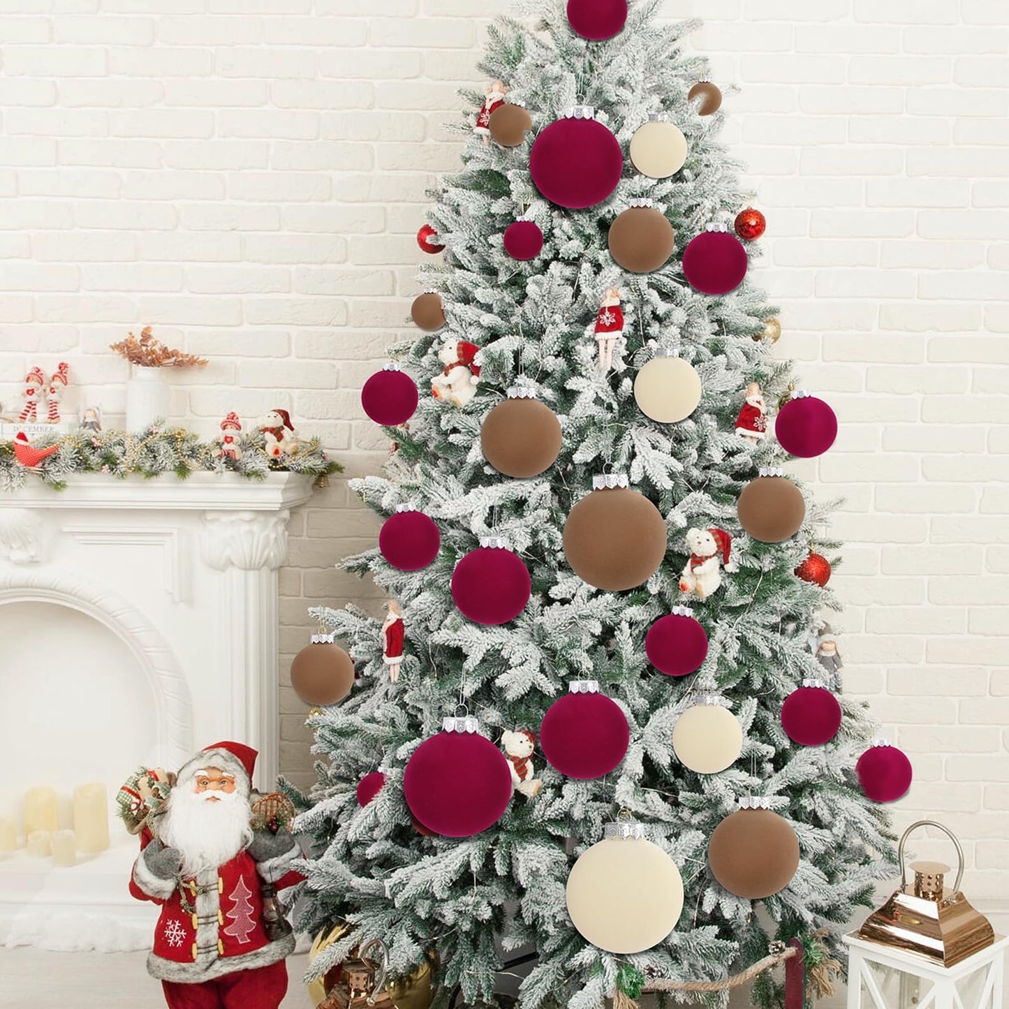 15 Pcs(3.9 In/100 mm) Velvet Christmas Ornaments Balls Set, Brown Red Neutral Christmas Tree Ornaments, Flocked Xmas Tree Balls for Xmas Holiday Party Decorations
