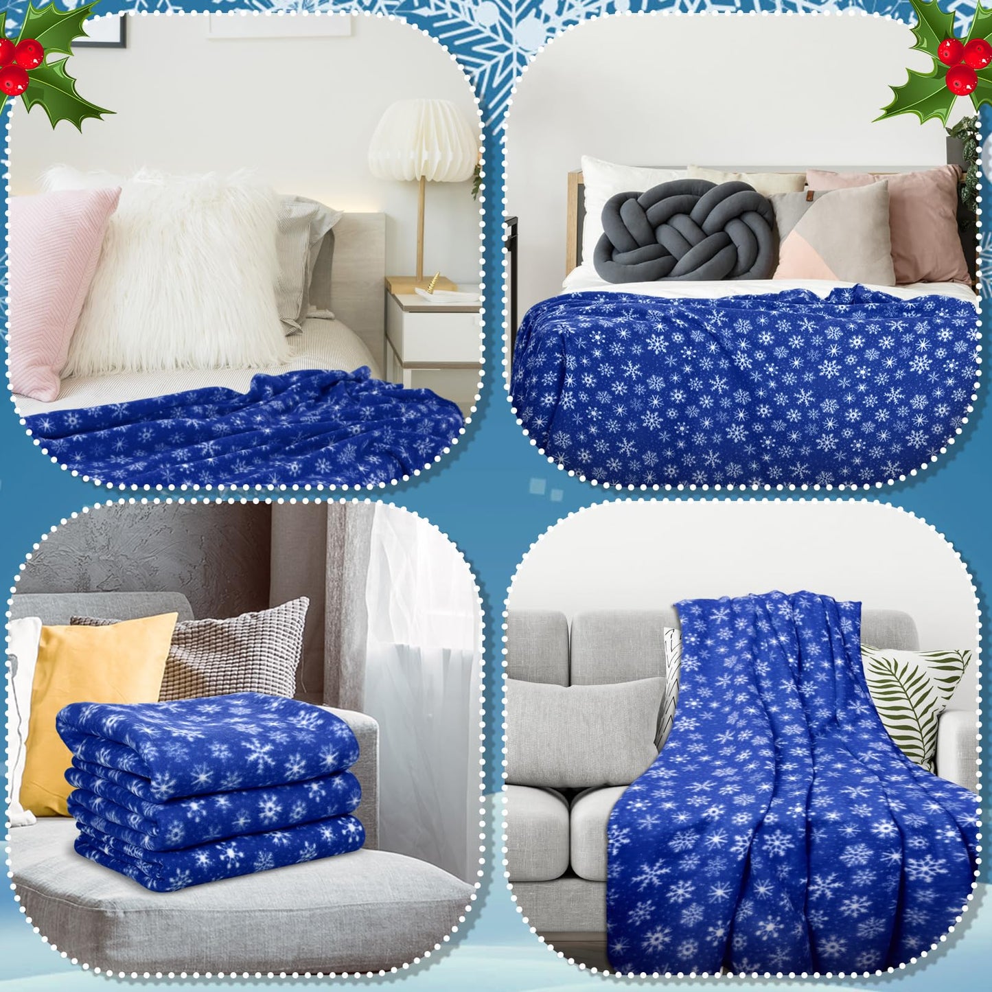 Moukeren 24 Pcs Christmas Snowflake Throw Blanket Bulk, 59 x 47 Inch Xmas Winter Throw Blanket Christmas Warm Soft Cozy Fleece for Home Bedding Couch Chair Gift (Dark Blue)