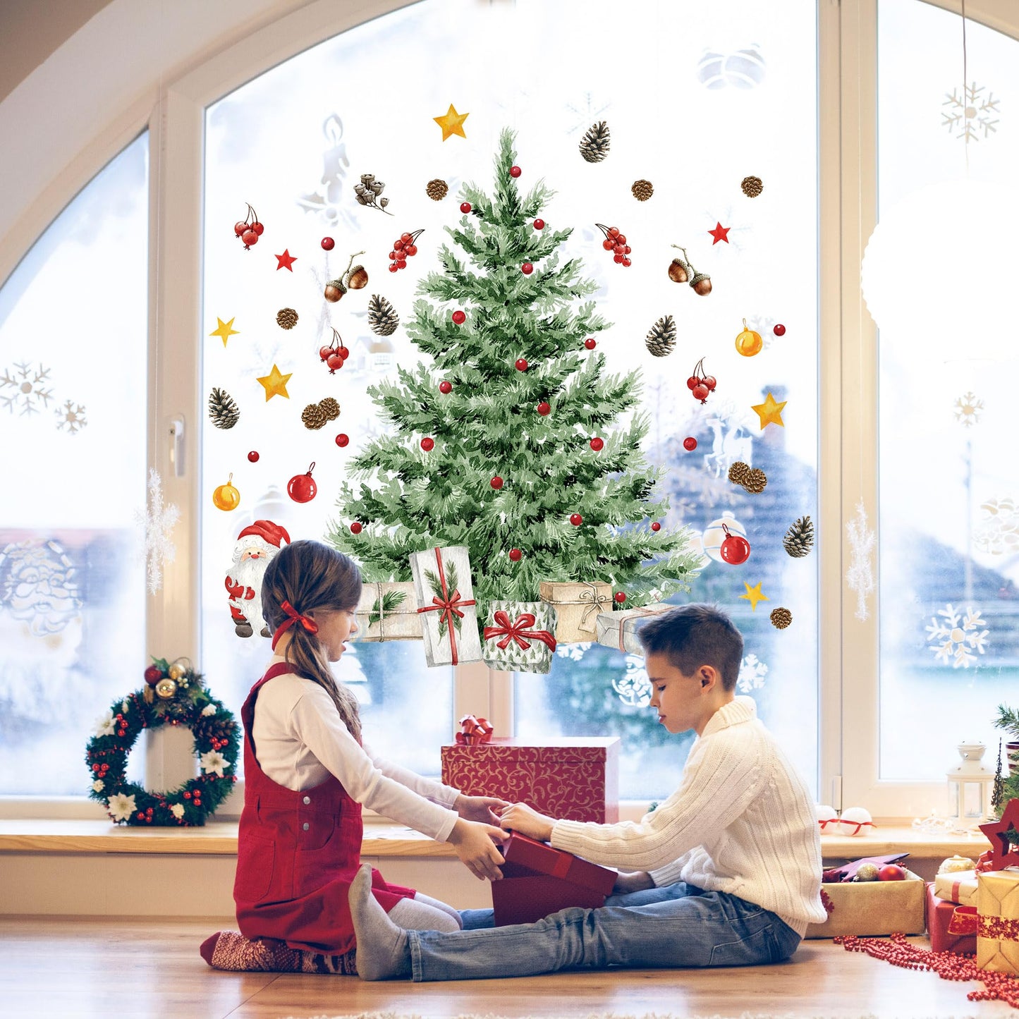 Augisteen Large Christmas Tree Wall Decals Merry Christmas DIY Watercolor Wall Stickers Peel and Stick Removable Xmas Tree Giant Stickers Bathroom Bedroom Living Room Offices Home Decor