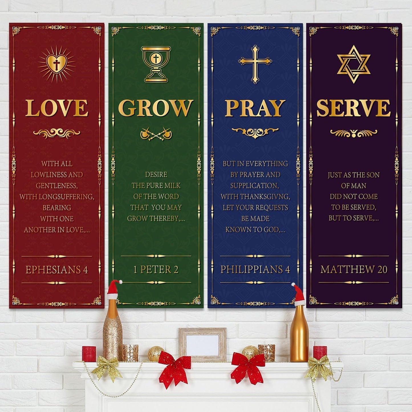4Pcs Welcome Religious Easter Banners for Church Sanctuary Wall - Hanging Backdrop Worship Christian Nativity Banner Scripture Porch Signs for Easter School Nativity Decor