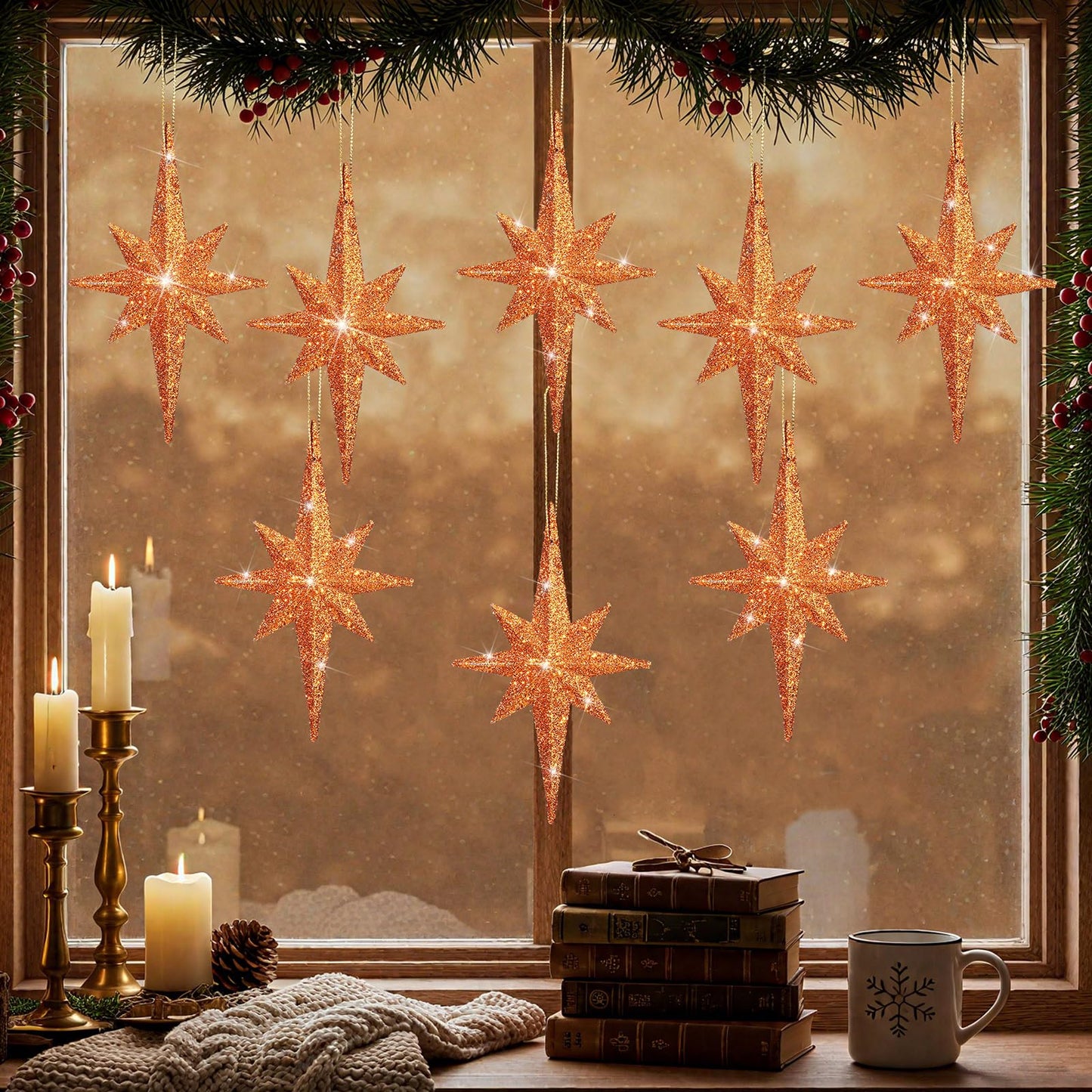 Quzzil 12 Pcs Christmas Bethlehem Star Bronze Ornament 4.72 x 2.95 Inch Star of Bethlehem Christmas Tree Topper Glitter Ornament Plastic Nativity Stars Hanging Decor Accessories