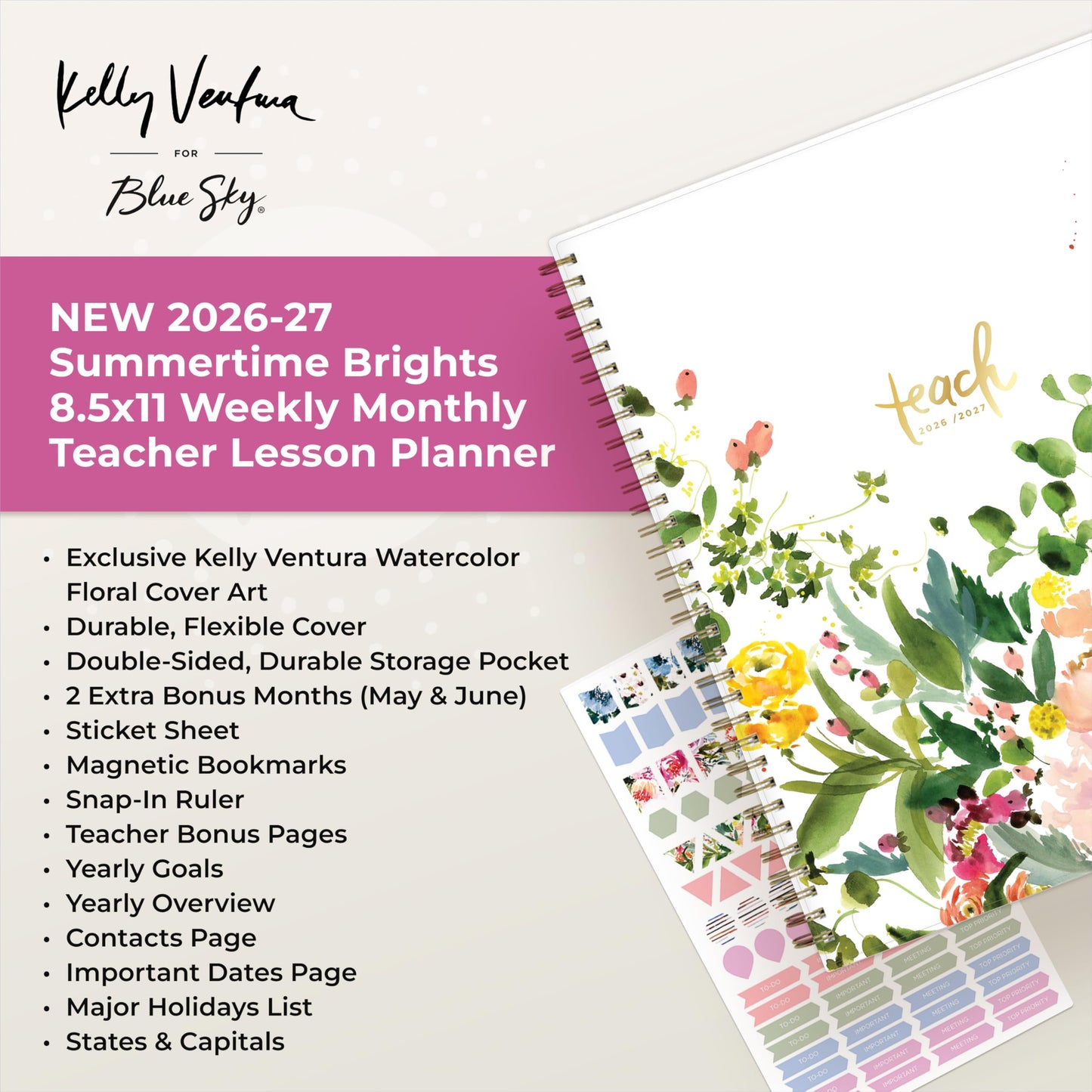 Blue Sky Kelly Ventura 2026-2027 Weekly and Monthly Academic Year Teacher Lesson Planner Calendar, July 2026 - June 2027, 8.5" x 11", Flexible Cover, Wirebound, Laminated Tabs, Storage Pocket, Magnetic & Snap In Book Marks, Includes Stickers, Summertime B