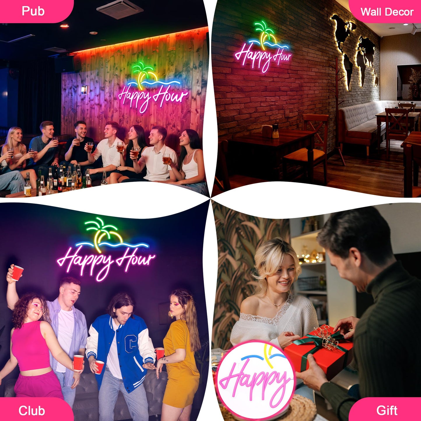 Kavaas Happy Hour Neon Sign 15.7" x 11.2", Palm Tree Neon Bar Signs for Home Bar Man Cave Club Pub Party - Best Gifts for Husband, Father, Birthday, Christmas