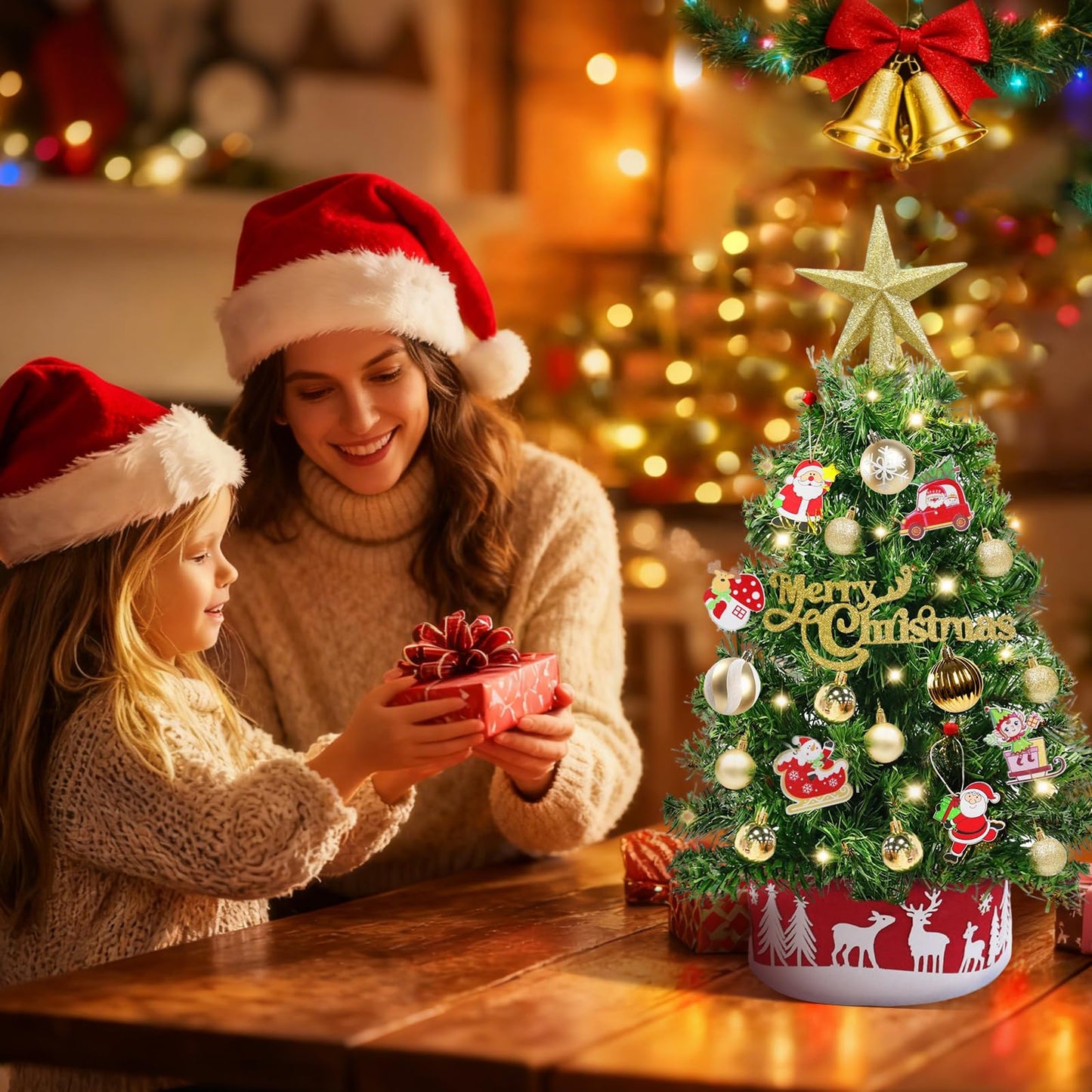 Grandeal 24" /2FT Mini Christmas Tree with Lights Timer 30 LEDs & 34 Ornaments, Small Tabletop Christmas Trees Artificial Christmas Decorations for Indoor Desk Room Office Home Decor Xmas