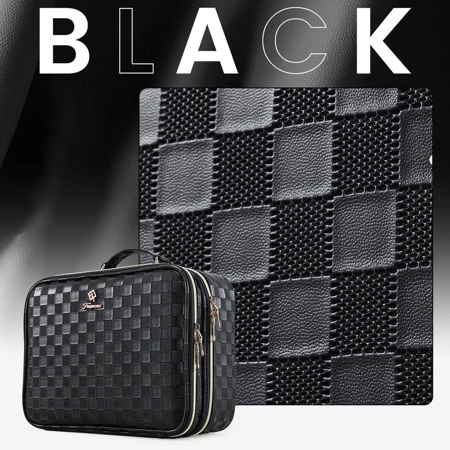 Makeup Bag with LED Lighted Mirror 12.2 IN Cosmetic Train Case Double Layer Makeup Case Adjustable Brightness in 3 Colors Cosmetic Organizer Artist Storage with Brush Holder Vanity Black Checkerboard