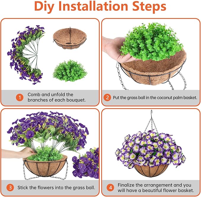 Artificial Hanging Flowers Basket, Fake Plants, Faux Silk Petunias Eucalyptus, for Spring Summer Outdoor Decoration, UV Resistant, Coconut Planter wtih Morning Glories, for Patio Garden Decor (Purple)