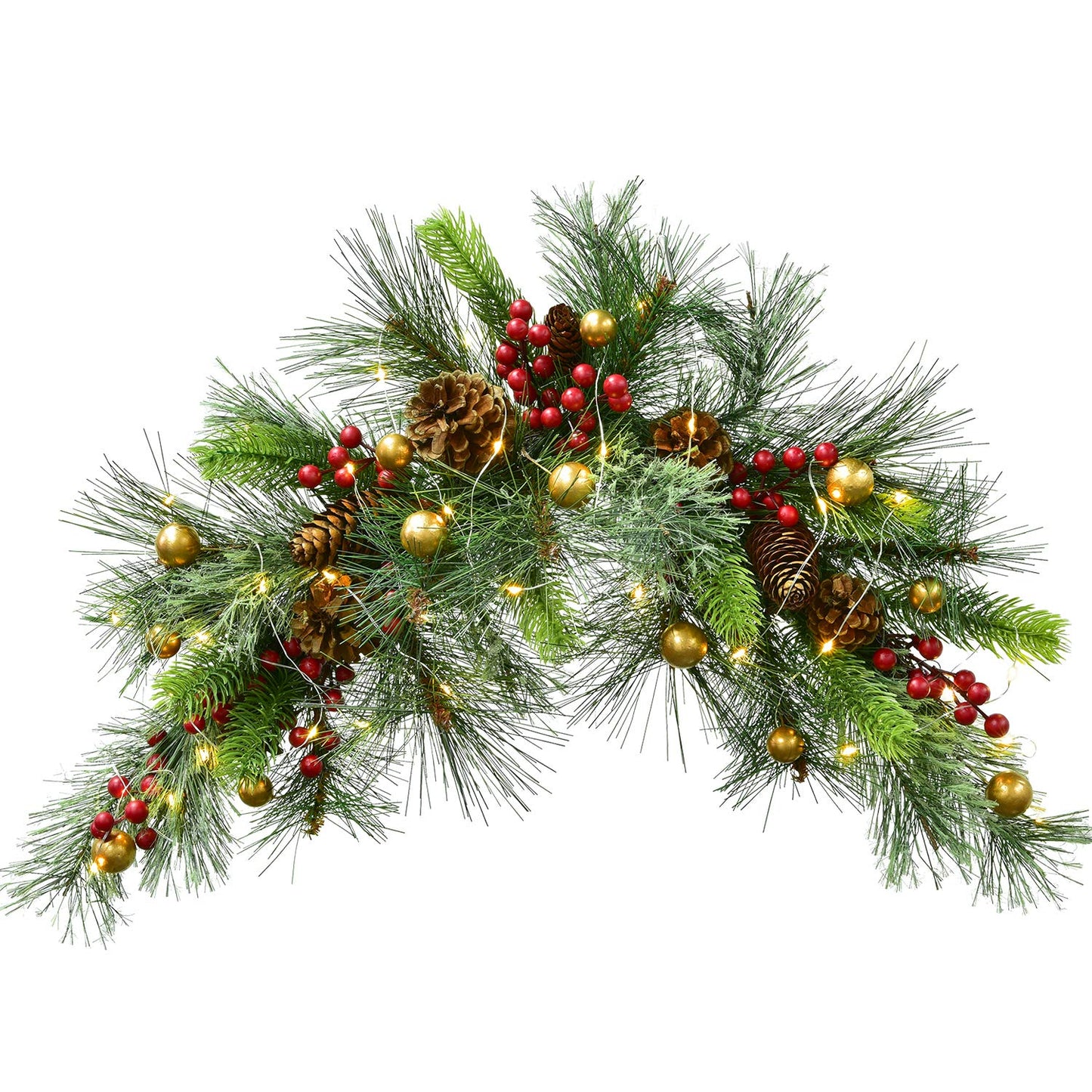 DearHouse 24inch Artificial Christmas Swag, Xmas Mail Box Swag with Wintry Pine Collection and LED Lights for Christmas Holiday Home Decor
