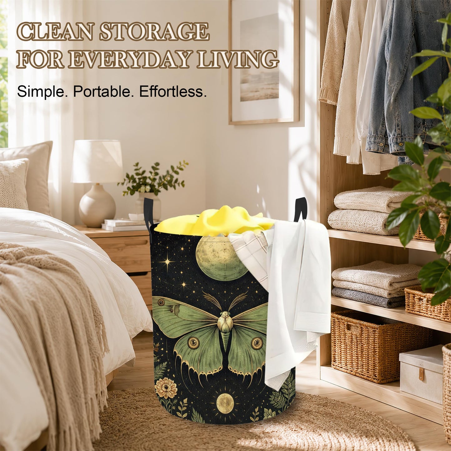 Boho Moon Moth Laundry Basket, Foldable Oxford Cloth Floral Crescent Laundry Hamper with Handles, Tote Bag Clothes Storage Bucket for Laundry Room/Bathroom/Bedroom/Dormitories 20.8"x16"