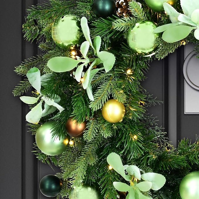 Fraser Hill Farm 24-in. Prelit Holiday Wreath with Pinecones and Metal Ornaments, White Micro-LED Light-Up Design for Indoor or Covered Outdoor Use on Porch, Patio, Kitchen