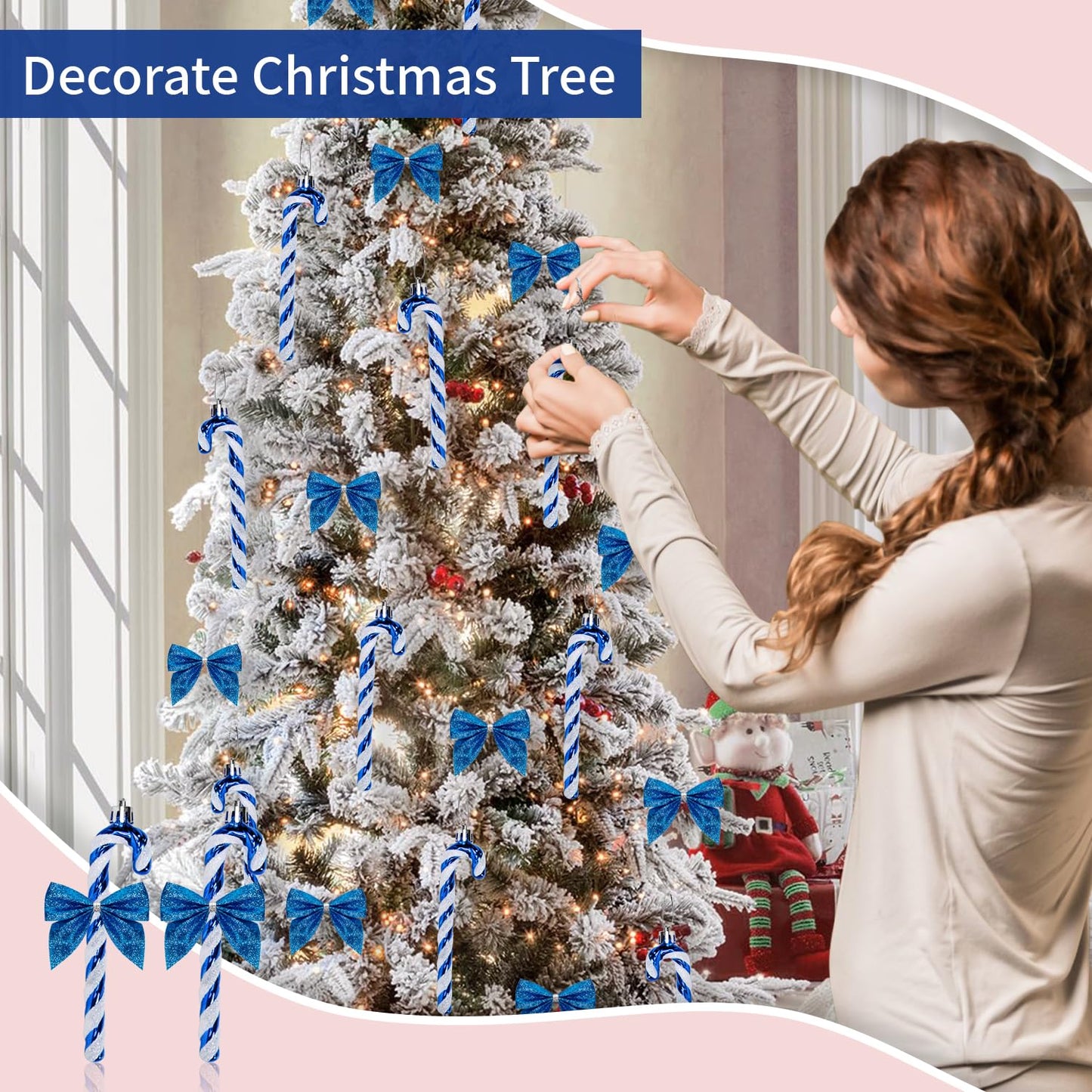 12 Pcs Candy Cane Christmas Decorations, 5.5inch Glitter Candy Cane Bows for Xmas Tree Hanging Ornament Holiday Festival Party Home Decoration (Blue)