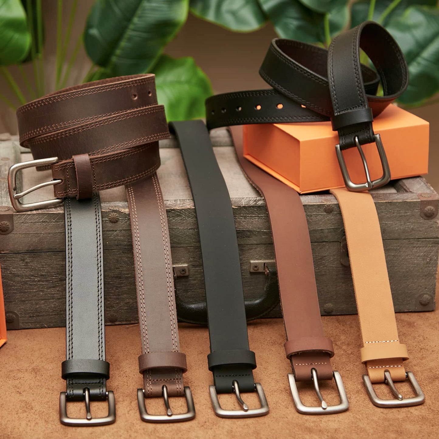 VATAN Men's Full Grain Leather Casual Every Day Jeans Belts, Handmade Men Leather Belt with Gift Box