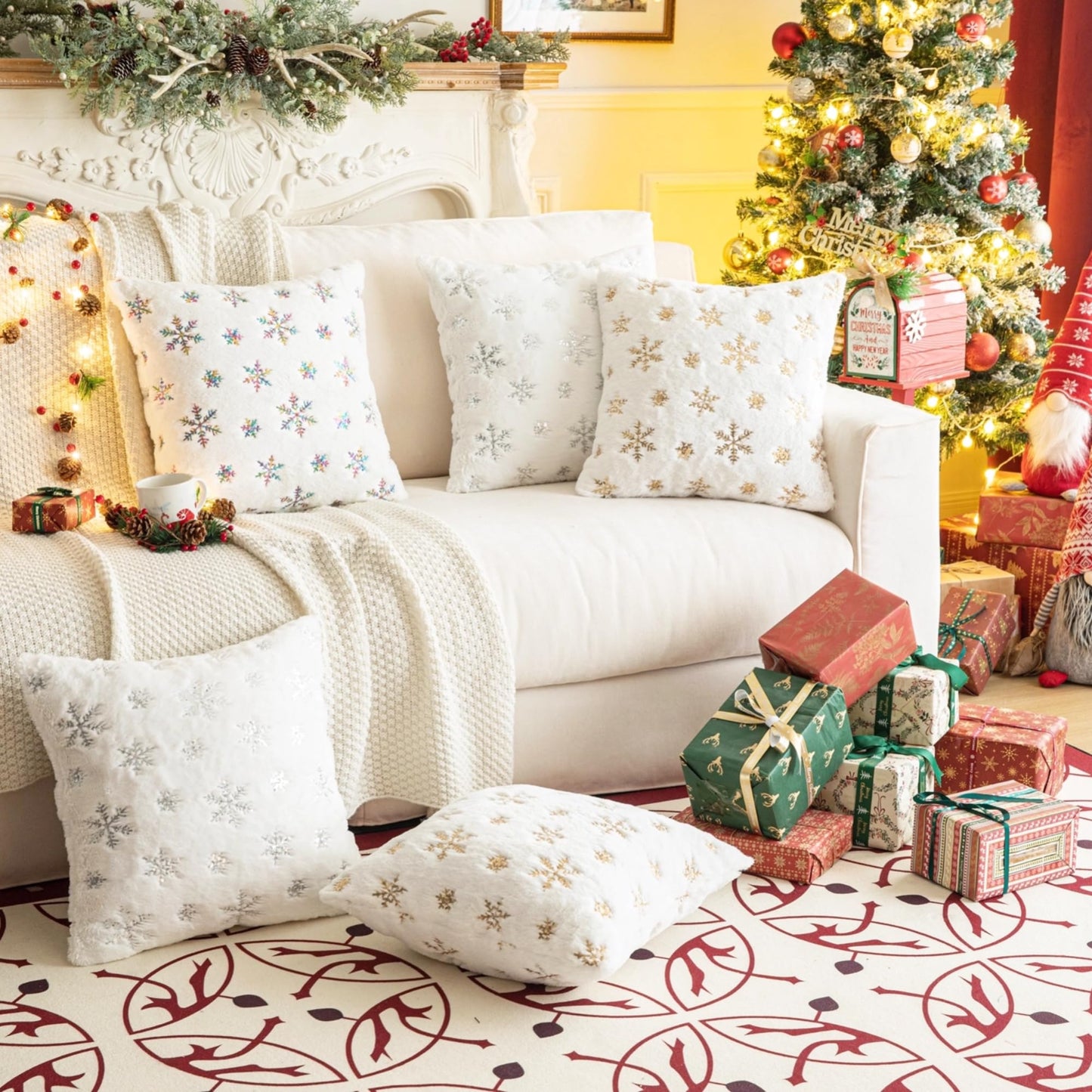 AQOTHES Pack of 2 Faux Fur Fuzzy Christmas Decorative Throw Pillows Covers Soft Plush with Snowflake Sequins Glitter Cushion Covers for Couch Sofa Bed Room Decor, Ivory,18 x 18 Inch