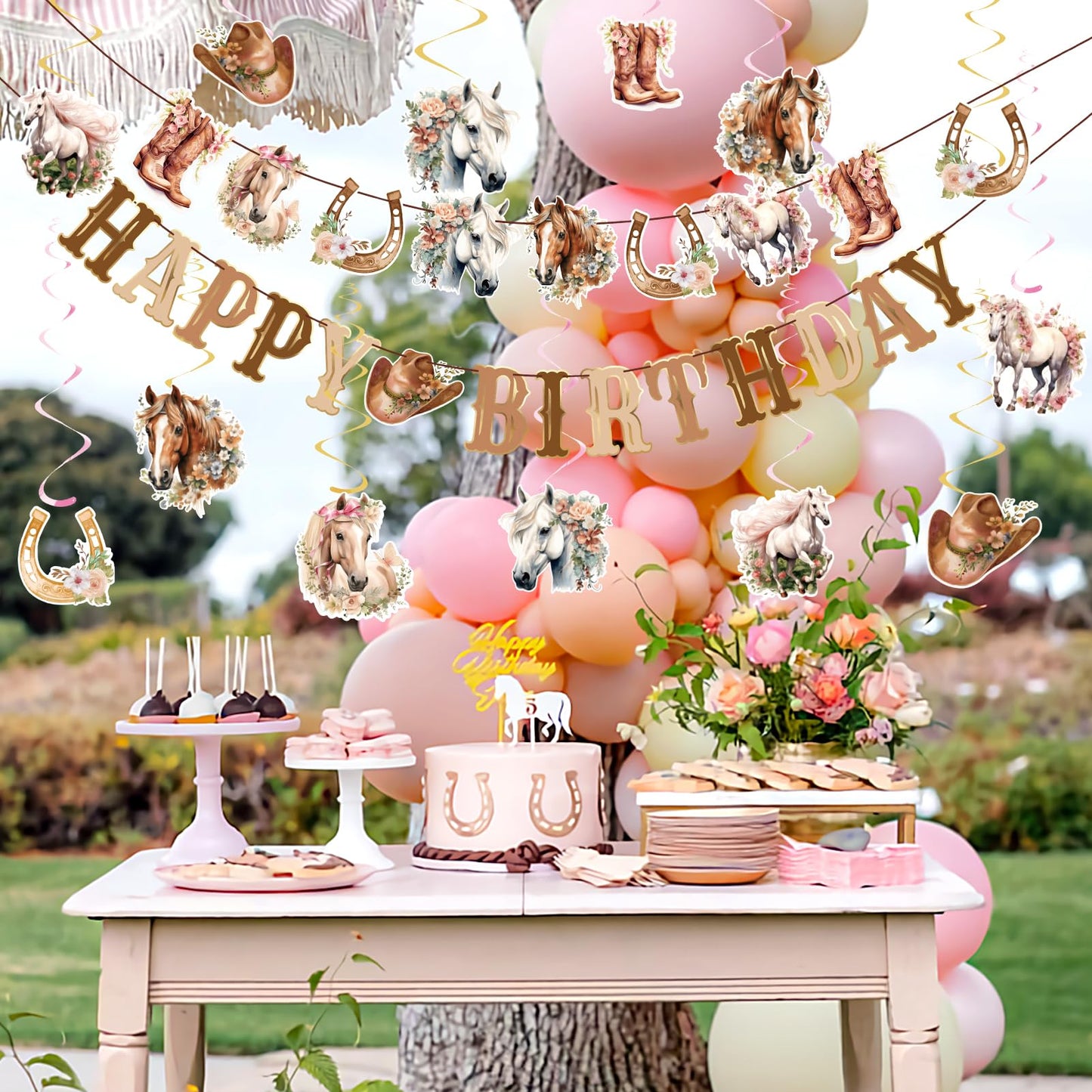 OBBOLO Horse Birthday Decorations for Girls, Brown and Pink Horse Cowgirl Party Decorations with Cowgirl Hanging Swirls, Happy Birthday Banners, Western Party for Women