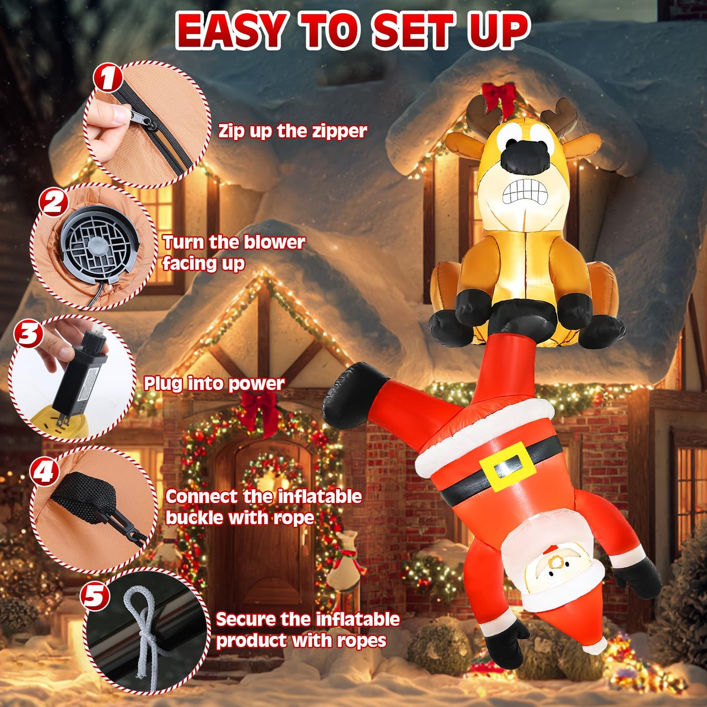 Wabolay Christmas Inflatable Climbing Santa Claus & Reindeer Outdoor Decorations 8 FT Giant Funny Hanging Blow Up Yard Inflatables Xmas Party Blowups with Led Holiday Outside Garden Lawn Roof Decor