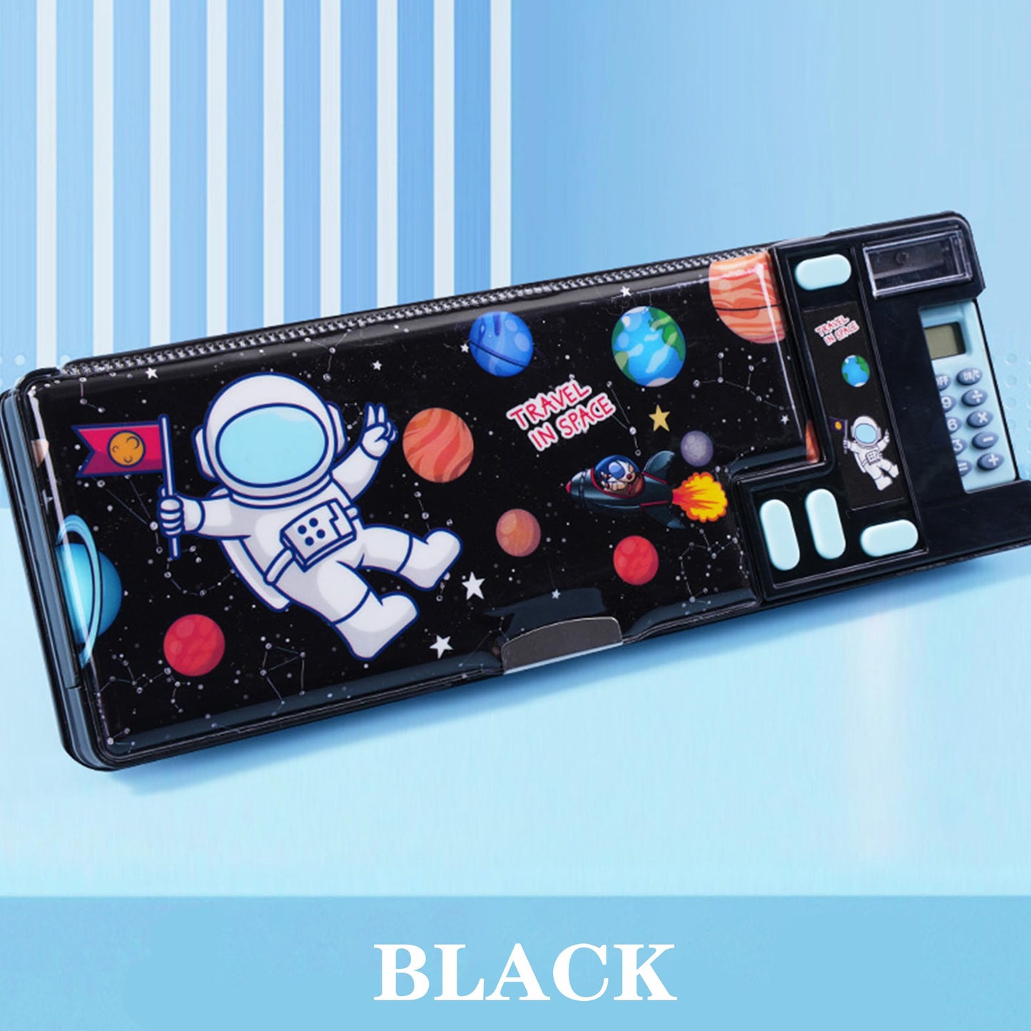 Pop Up Multifunction Pencil Case, Cute Cartoon Pen Box Organizer Stationery with Calculators, Sharpener, Schedule, School Supplies, Best Birthday Gifts for Kids Teens (Black)