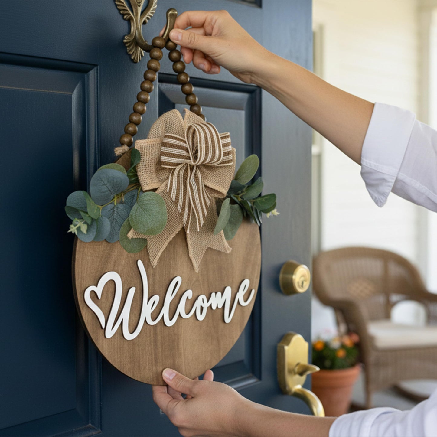 CondorPasea 12 Inch 3D Welcome Sign for Front Door, Round Wooden Welcome Door Sign with Artificial Greenery, Buffalo Plaid Bow & Rustic Beads, Farmhouse Porch Home Decor Gift
