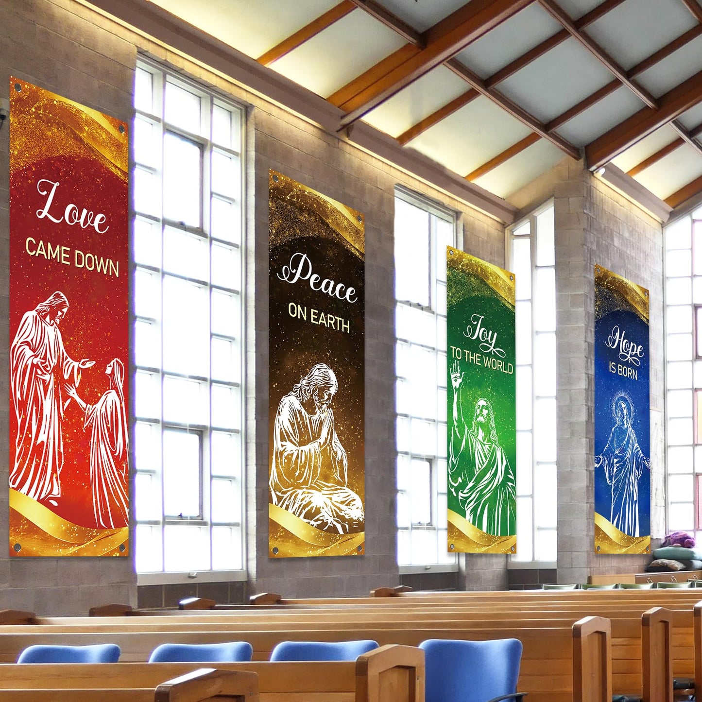 4Pcs Christmas Church Banners for Sanctuary Wall Love Hope Joy Peace Religious Banners Hanging Backdrop Gold Glitter Jesus Christian Banner with Scripture Bible Verse Banner for Holiday School Decor