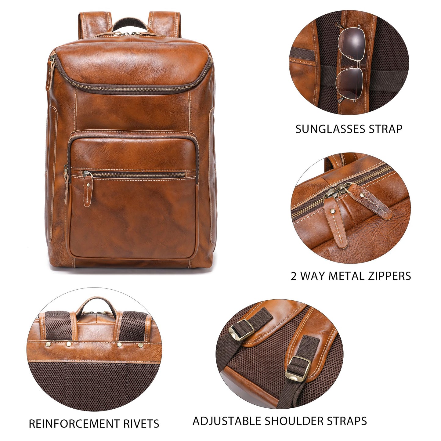 LANNSYNE Vegetable Tanned Leather Backpack For Men, 17" Laptop Backpack, Casual Outdoor Business Travel Rucksack, YKK Zippers