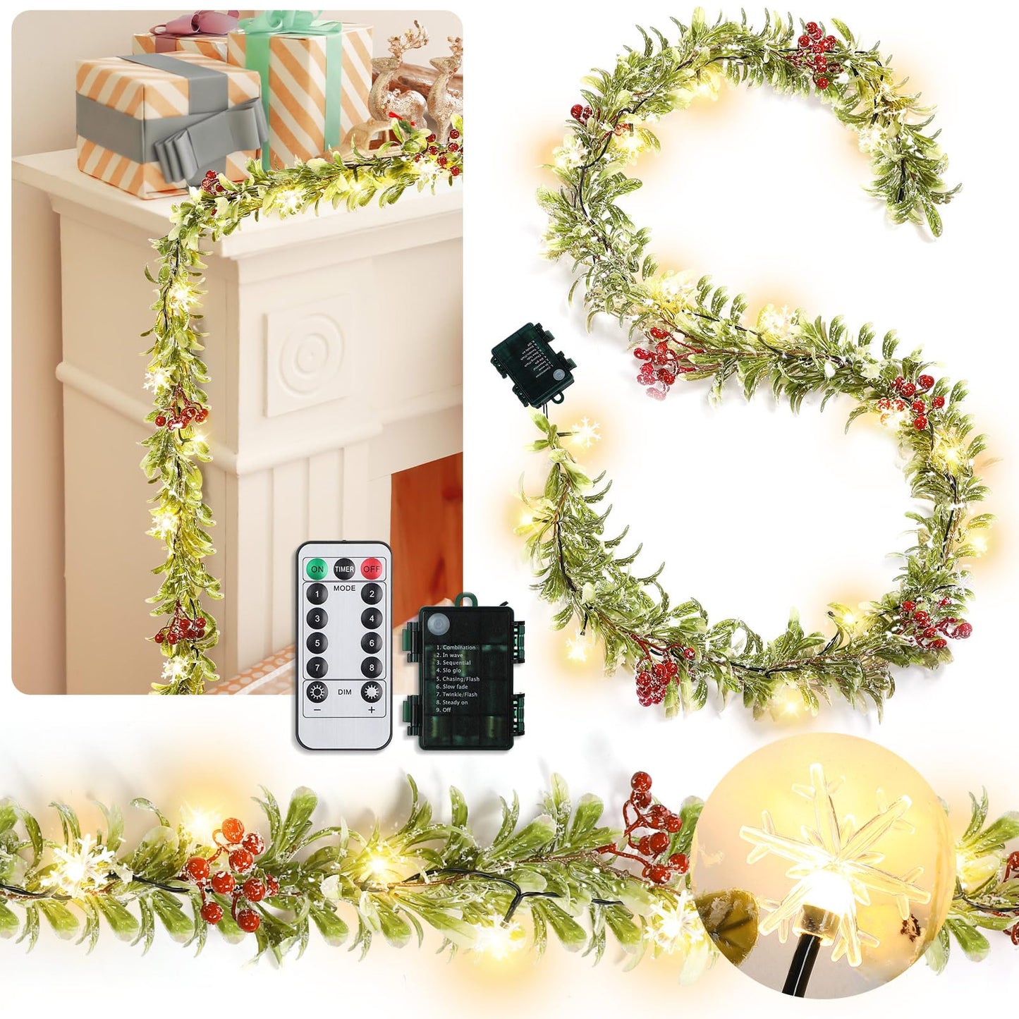 Ganeen 6 ft Christmas Light up Garland Prelit Snowy Olive Garland with 20 LED Battery Operated Lighted Olive Branch with Snowflake Berries Timer Remote for Xmas Winter Decor(Red Berries,Flocked)