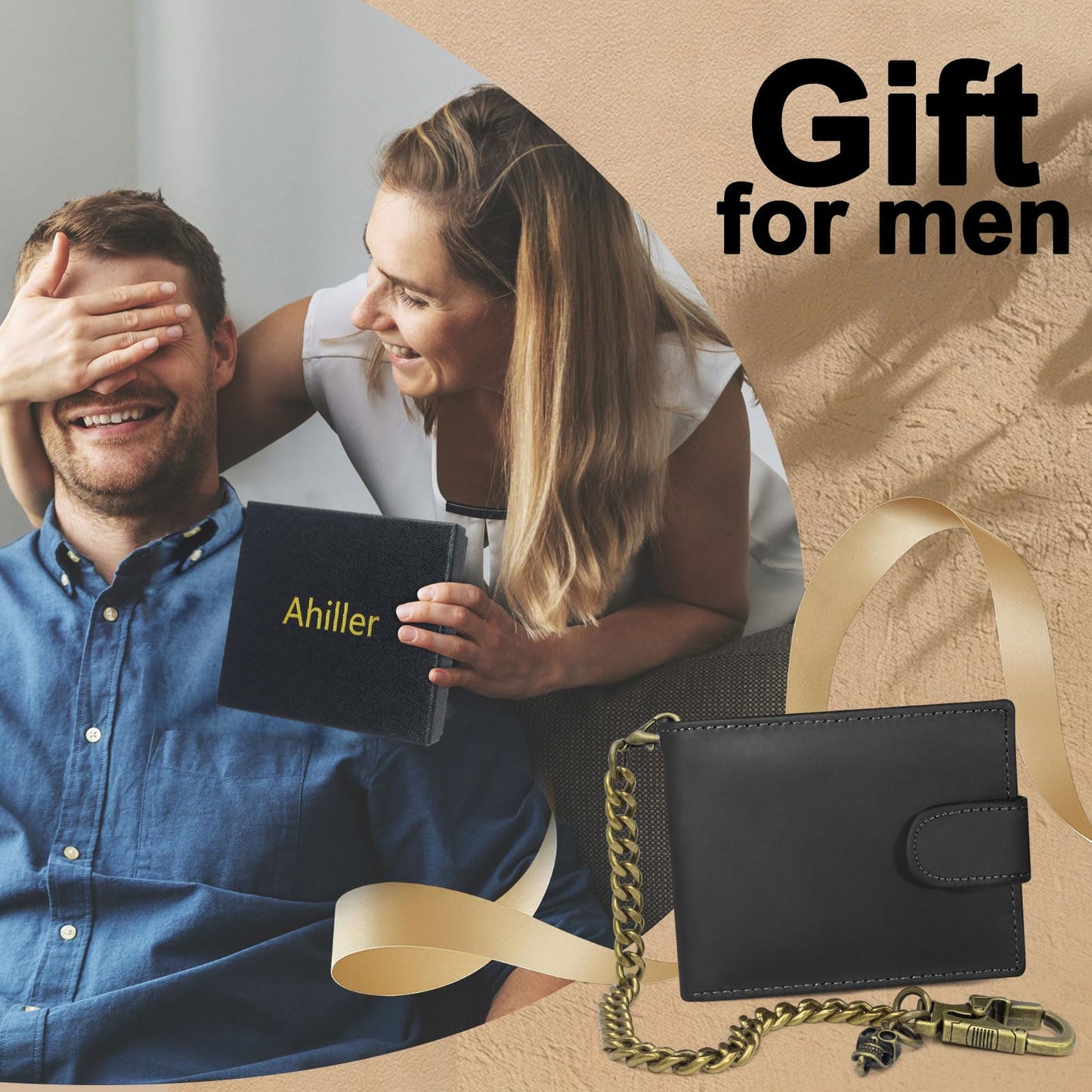 Ahiller Chain Wallet for Men Crazy Horse Bifold Leather Wallet with Chain, Anti-Theft Mens Wallets with Gift Box,Zippered Bill Compartment,ID Window, Card Slots-Black