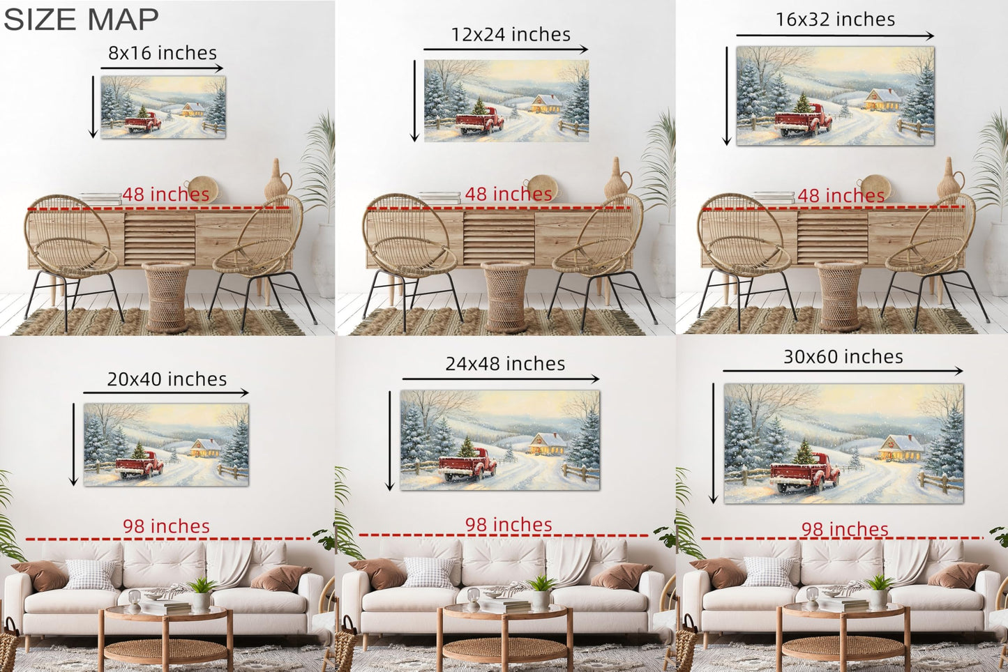 GUTTATY Christmas Canvas Wall Art, Santa Red Truck Winter Snow Scene Canvas Painting, Christmas Wall Decor Artwork, Christmas Hanging Prints Poster for Living Room, Family Home, Indoor, 32x16 Inch