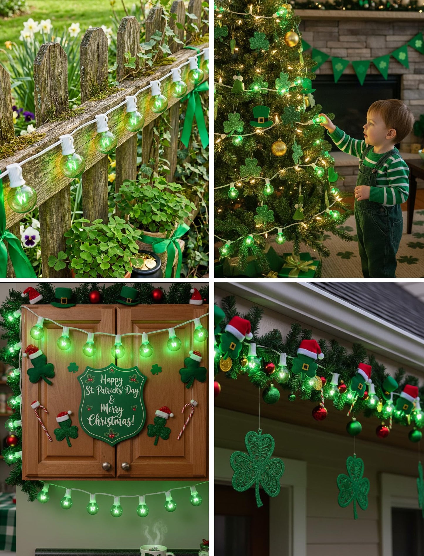 50Ft St. Patrick's Day G40 Outdoor String Lights, G40 Globe Patio String Lights Waterproof with 27 Green Incandescent Bulbs, Connectable Hanging Light for Backyard Porch Balcony St Patricks Day Decor
