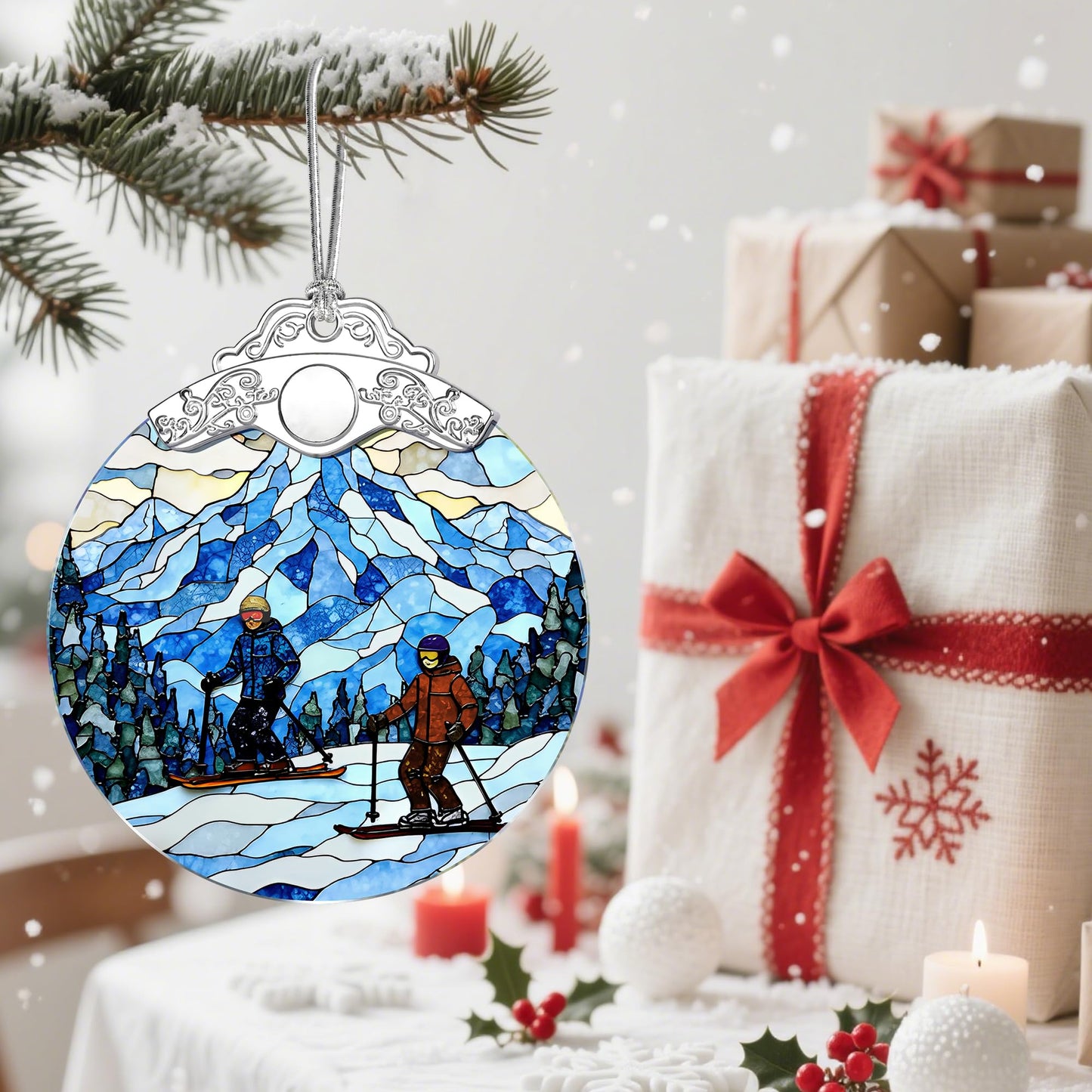 Stained Glass Skiing Christmas Ornament: Christmas Tree Ornaments & Decor, Holiday Decor – Holiday Presents, Gift Ideas & Gifts for Friends, Coworker, and Family