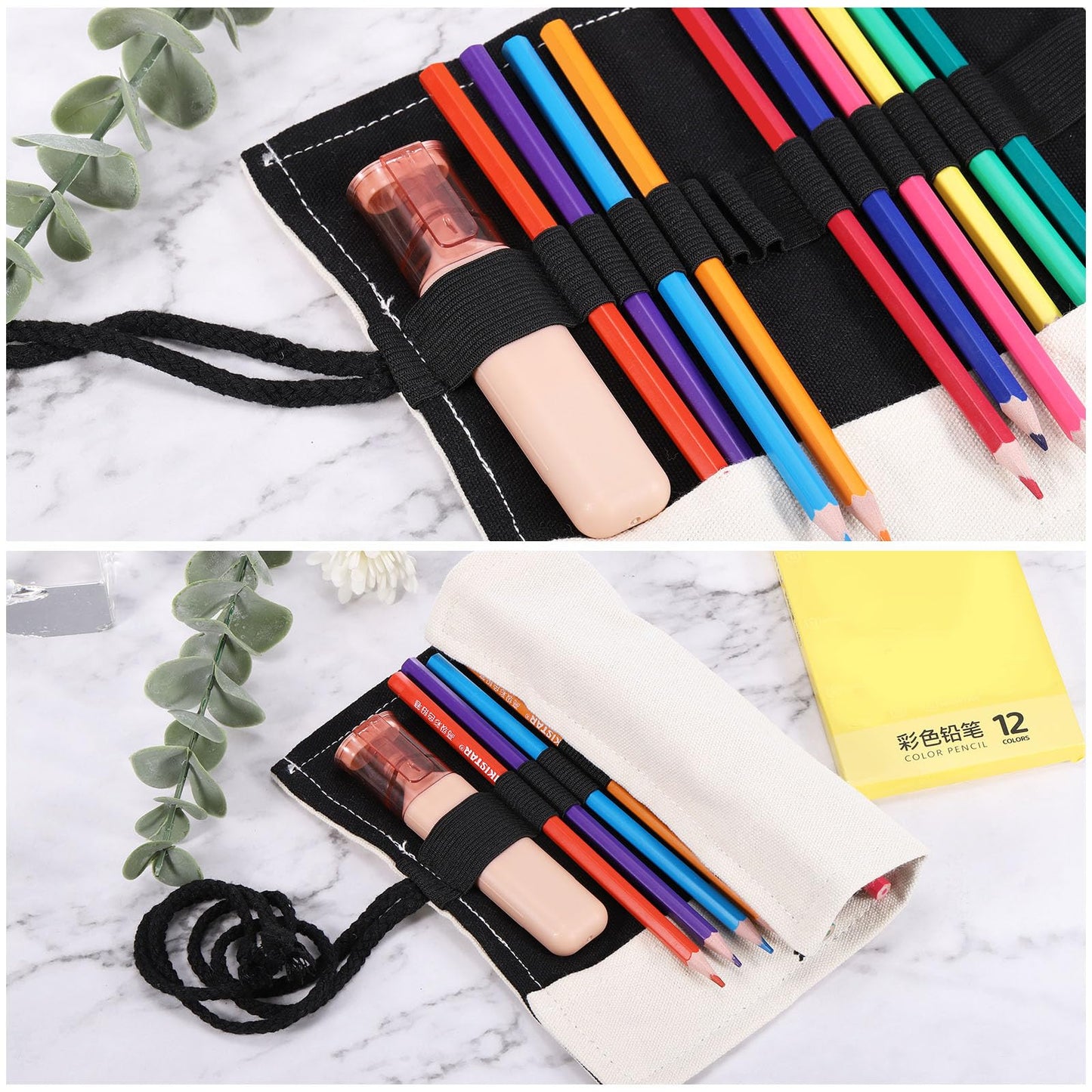 PATIKIL Handmade 24 Slots Roll Up Pencil Case, Canvas Pencil Wrap Pouch Pen Holder Organizer for Artist Drawing Coloring Sketching, Black