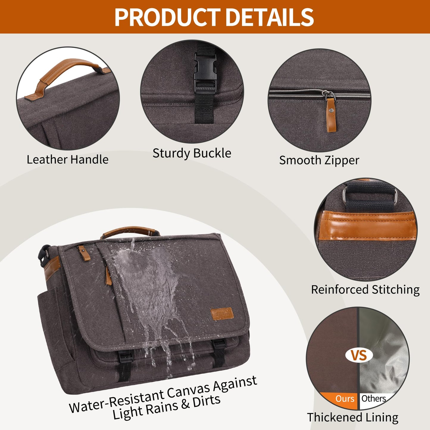 ESTARER Men Messenger Bag 17-17.3 Inch Laptop Bag Water-resistant Canvas Computer Shoulder Bag Briefcase for Work College Travel, Grey