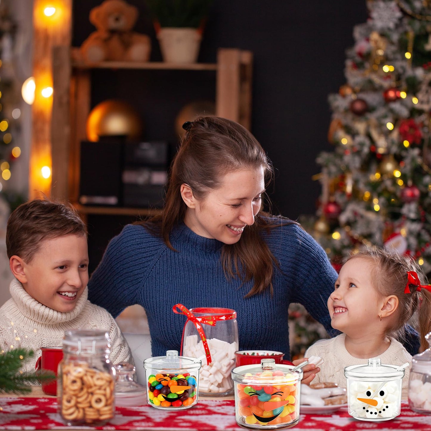 FYSUIMU 3Pcs Christmas Hot Cocoa Bar Supplies Clear Acrylic Sugar Bowl with Lid Spoon Cute Snowman Xmas Candy Jar 6.8 Oz Kitchen Storage Container for Home Coffee Bar Holiday Party