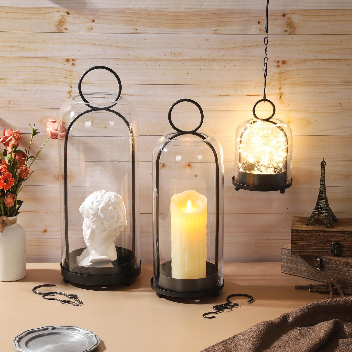 Twakutwaku 20" High Versatile Modern Metal Hurricane Lantern with Handmade Sturdy Glass Dome in Black for Pillar Candle & Plants, Industrial, Farmhouse, Shabby Chic (Black, 7.5"x20")