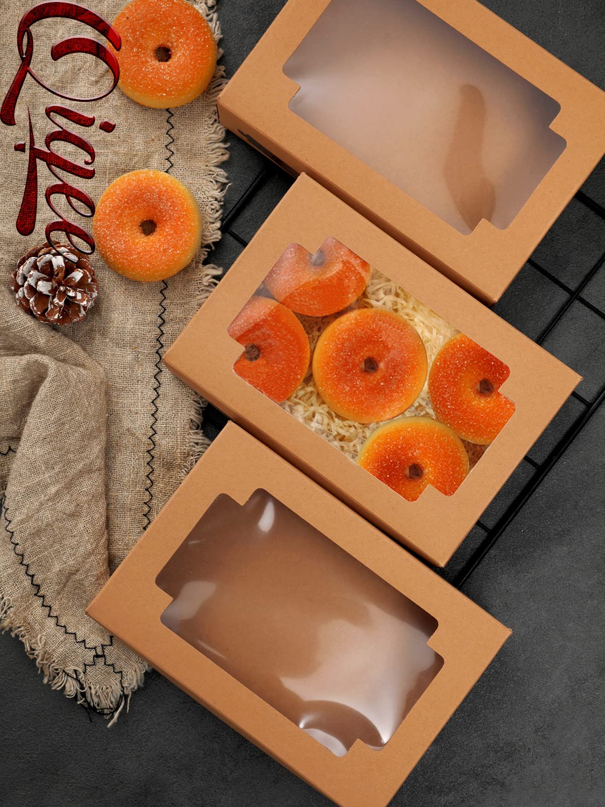 qiqee 36Packs Auto-pop up Kraft Cookie Boxes for Gift Giving 8x5.3x2 inch Brown Treat Box with Window One Second Folding Bakery Box for Donuts Candies and Biscuit
