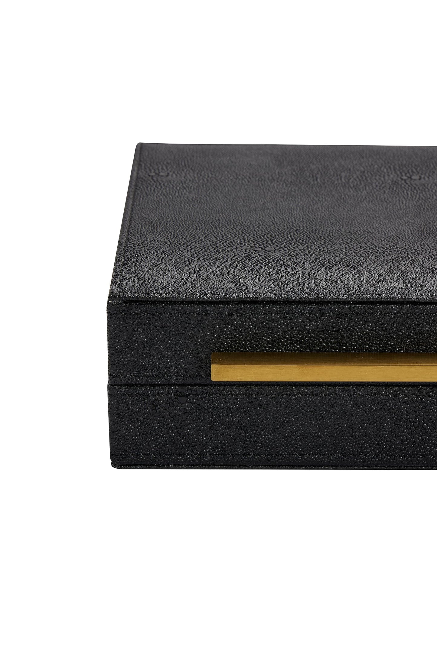 Kingflux Black Shagreen Leather Decorative Box, Storage Box Jewelry Organizer, Woment&Men's Accessory Organizer With Matt Golden Stainless Steel Handle (Black)