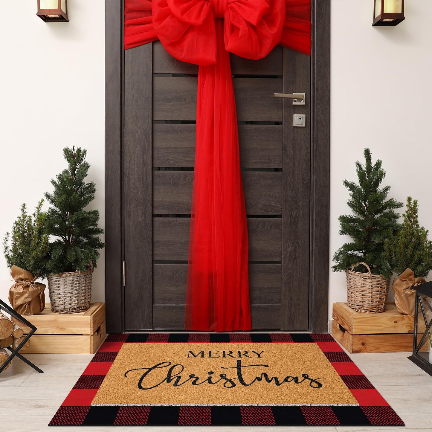 Duraaamo 2 Pcs Christmas Doormat Merry Christ Non Slip Outdoor Rug Xmas Welcome Layered Buffalo Floor Mats for Front Porch Entryway(Red Black,Plaid)