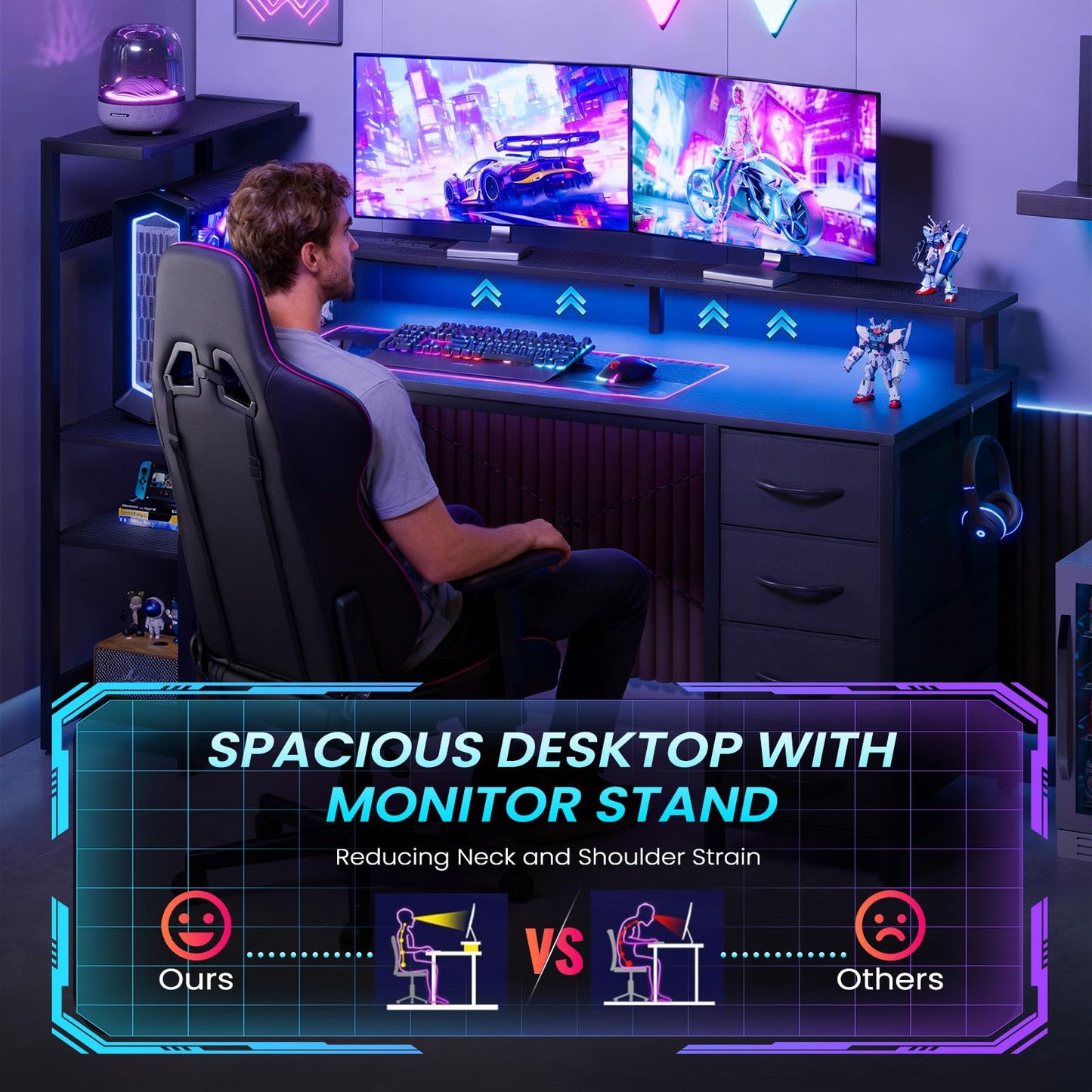 51 Inch Gaming Desk with Power Outlet and LED Lights, Computer Desk with 4 Drawers & Storage Shelves, Reversible Home Office Desk with Monitor Stand for Small Space Bedroom, Carbon Fiber Black